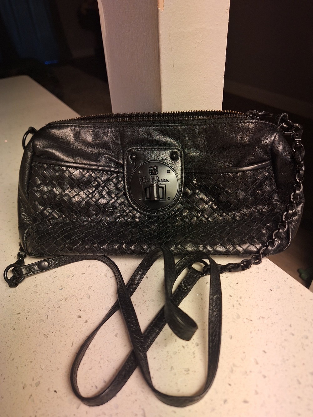 NWOT Elliot Lucca Black Woven Leather Crossbody Bag.